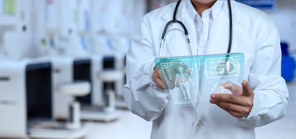 Doctor touching a screen for virtual medical diagnostics