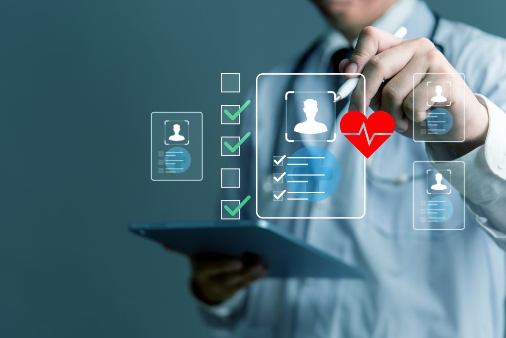 Digital checklist with doctor analyzing virtual medical records