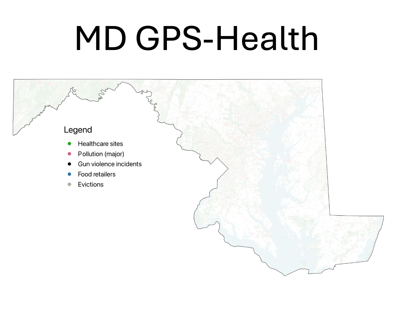 An animated map of Maryland showing distribution of healthcare sites, pollution, gun violence incidents, food retailers and evictions