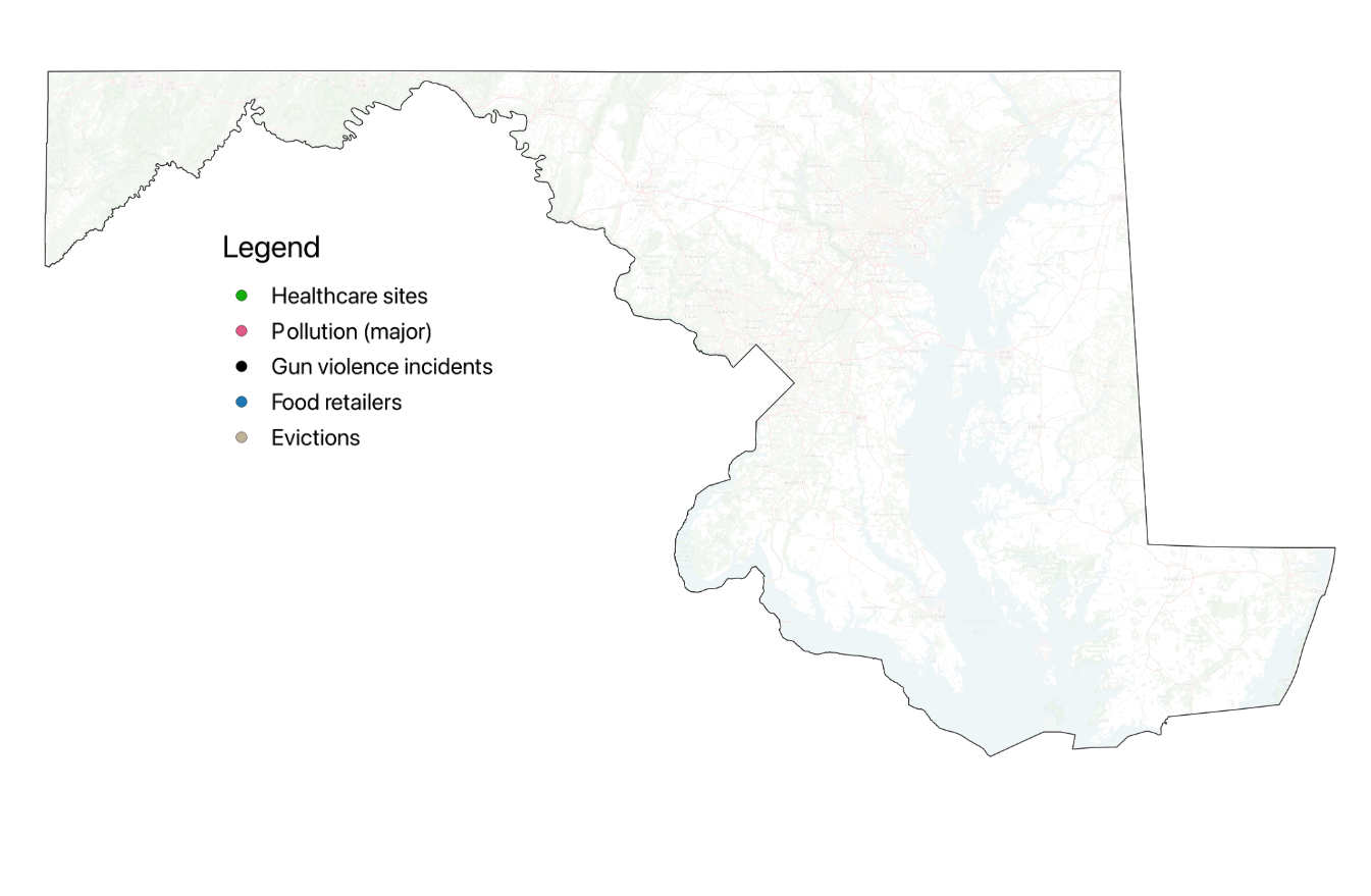An animated map of Maryland showing distribution of healthcare sites, pollution, gun violence incidents, food retailers and evictions