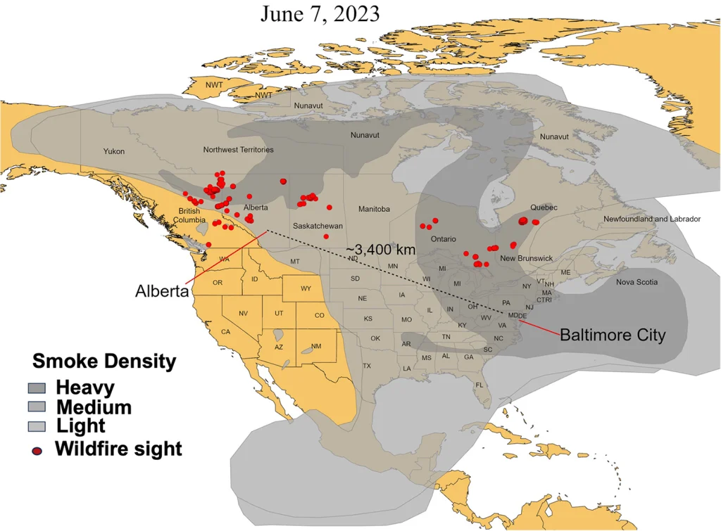 A map showing smoke density over the US and Canada in June 2023