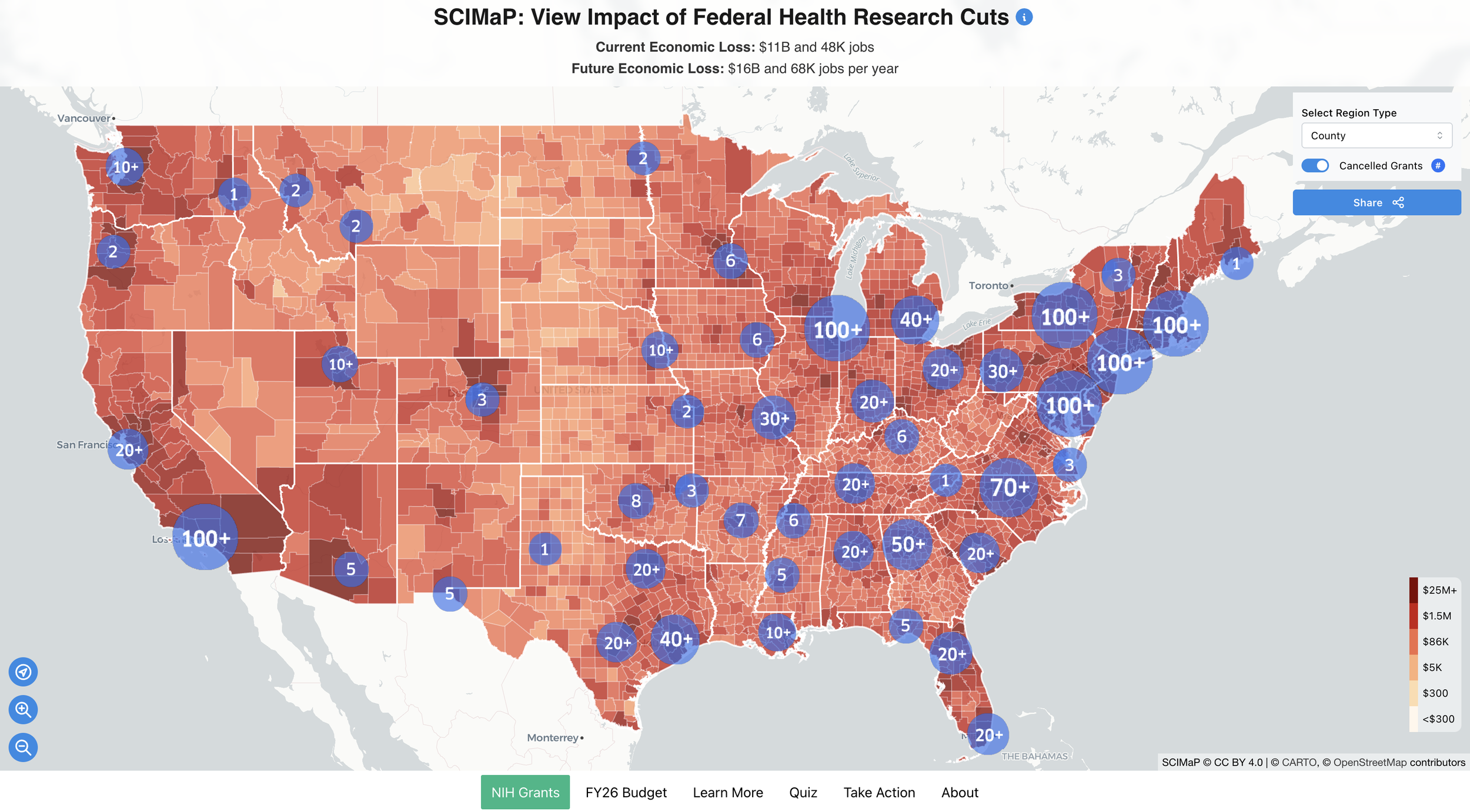 A map of the United States showing the impact of federal health research cuts.