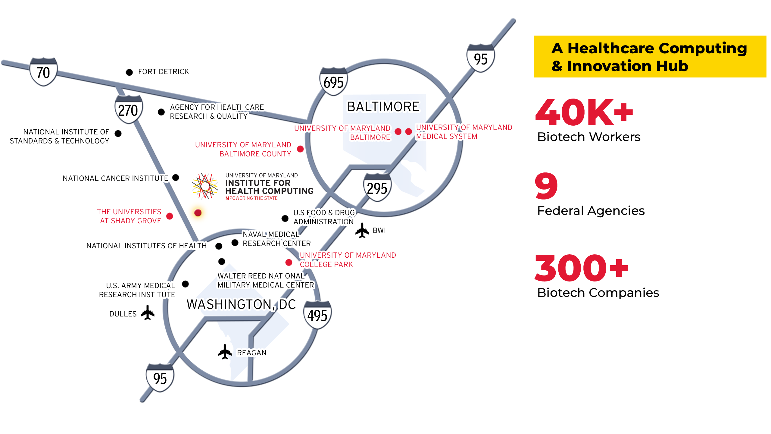 A map showing the UM-IHC and its partners in the vicinity of federal agencies in Maryland and DC