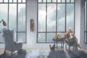 An interior room with large windows overlooking a hazy industrial city; a person sits in a chair beside a small table with a lamp.