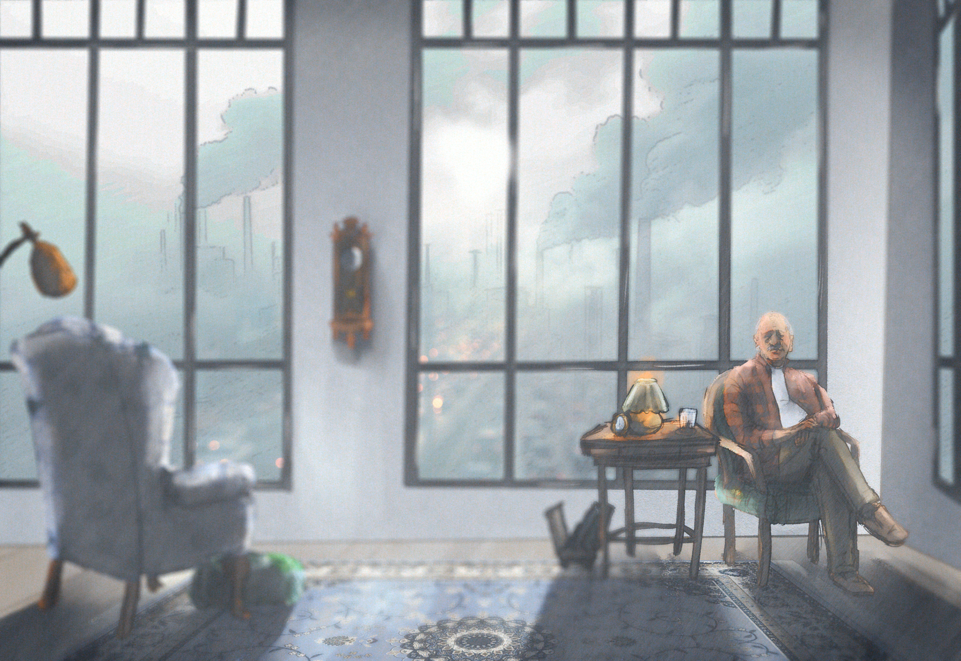 An interior room with large windows overlooking a hazy industrial city; a person sits in a chair beside a small table with a lamp.