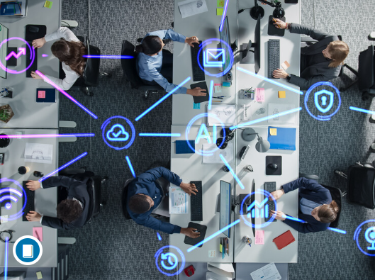 Overhead view of a modern office workspace with AI and technology icons overlaid.