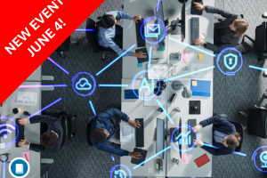 Overhead view of a modern office workspace with AI and technology icons overlaid