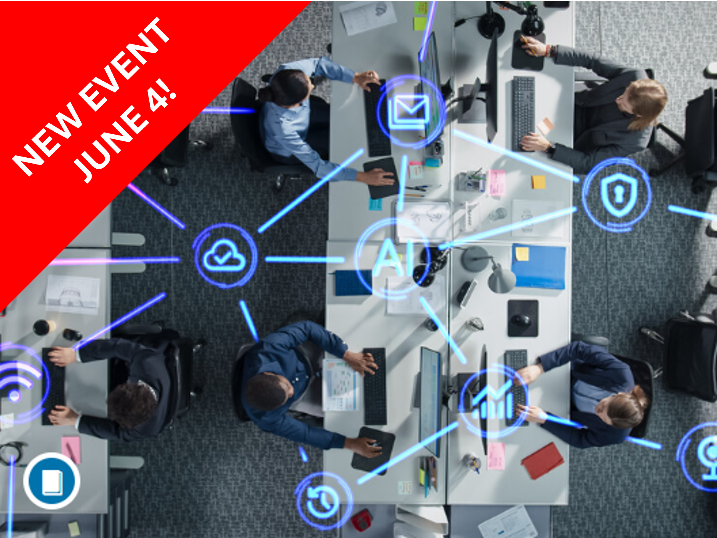 Overhead view of a modern office workspace with AI and technology icons overlaid