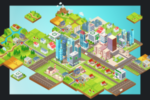 Isometric illustration of a city surrounded by suburban neighborhoods, farmland, roads, hospitals, and green spaces.