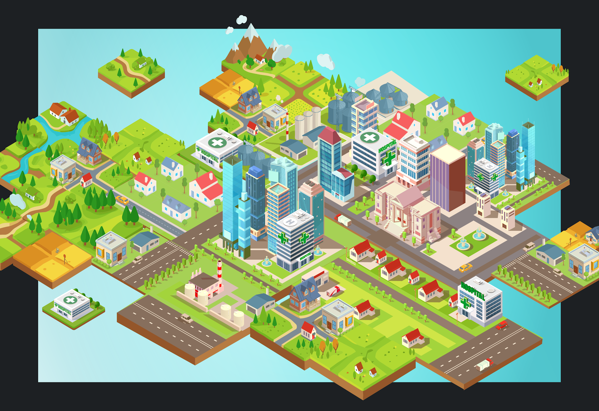 Isometric illustration of a city surrounded by suburban neighborhoods, farmland, roads, hospitals, and green spaces.
