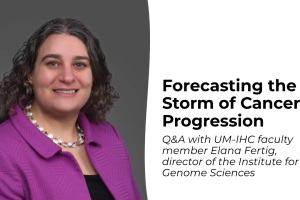 A banner showing the title "Forecasting the Storm of Cancer Progression" with a photo of Dr. Fertig