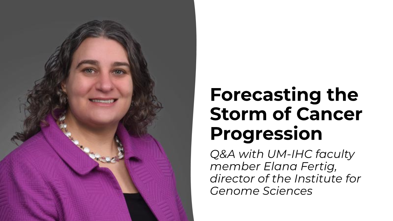 A banner showing the title "Forecasting the Storm of Cancer Progression" with a photo of Dr. Fertig
