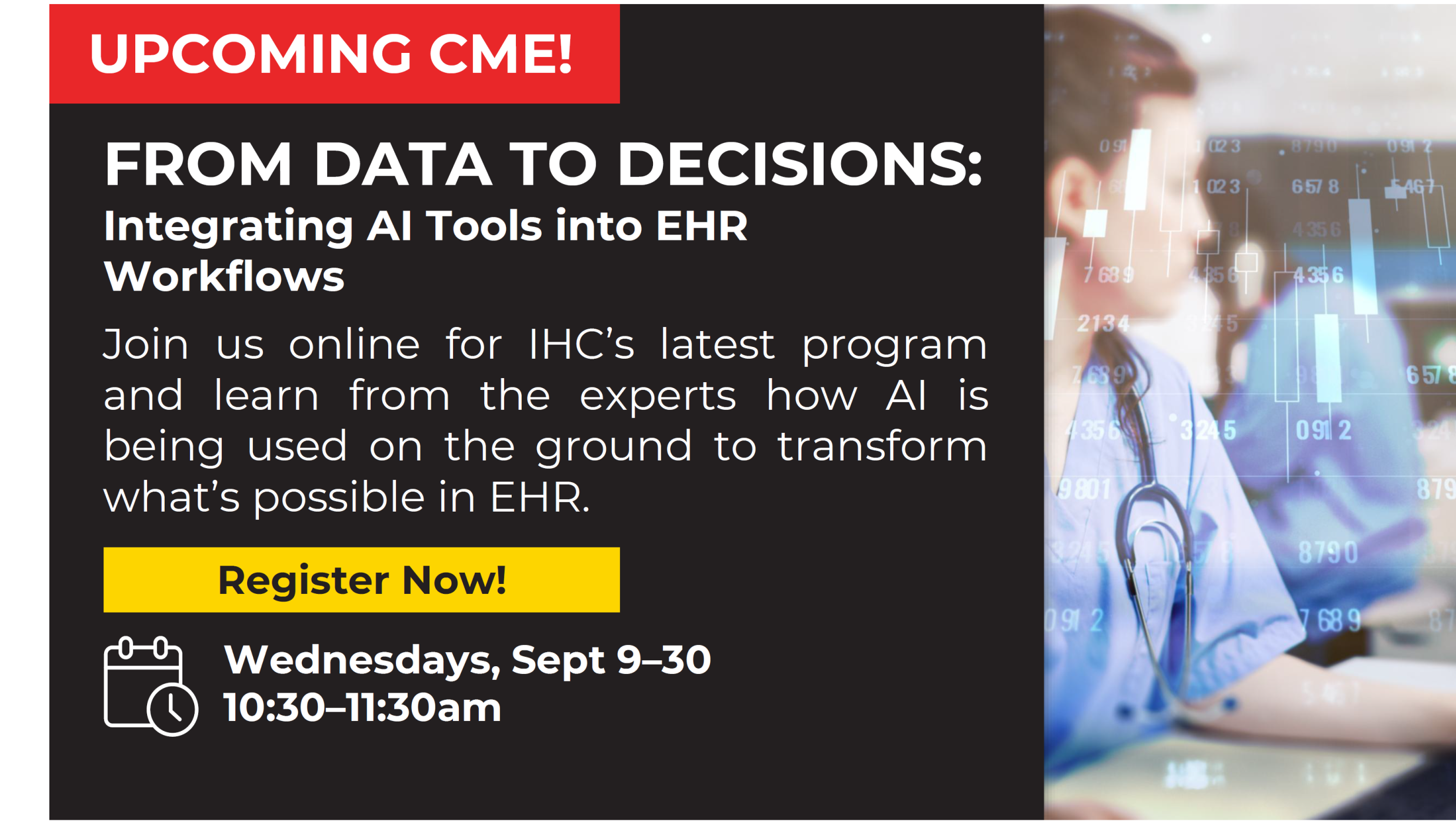 A flyer with text about the CME event From Data to Decisions